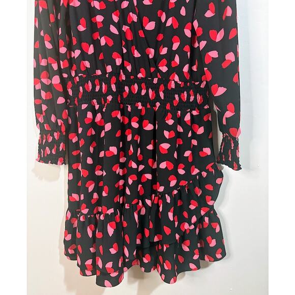 Michael Kors Red Pink Black Long Sleeve Petal Crepe Wrap Ruffle Dress Size XL - Picture 2 of 9